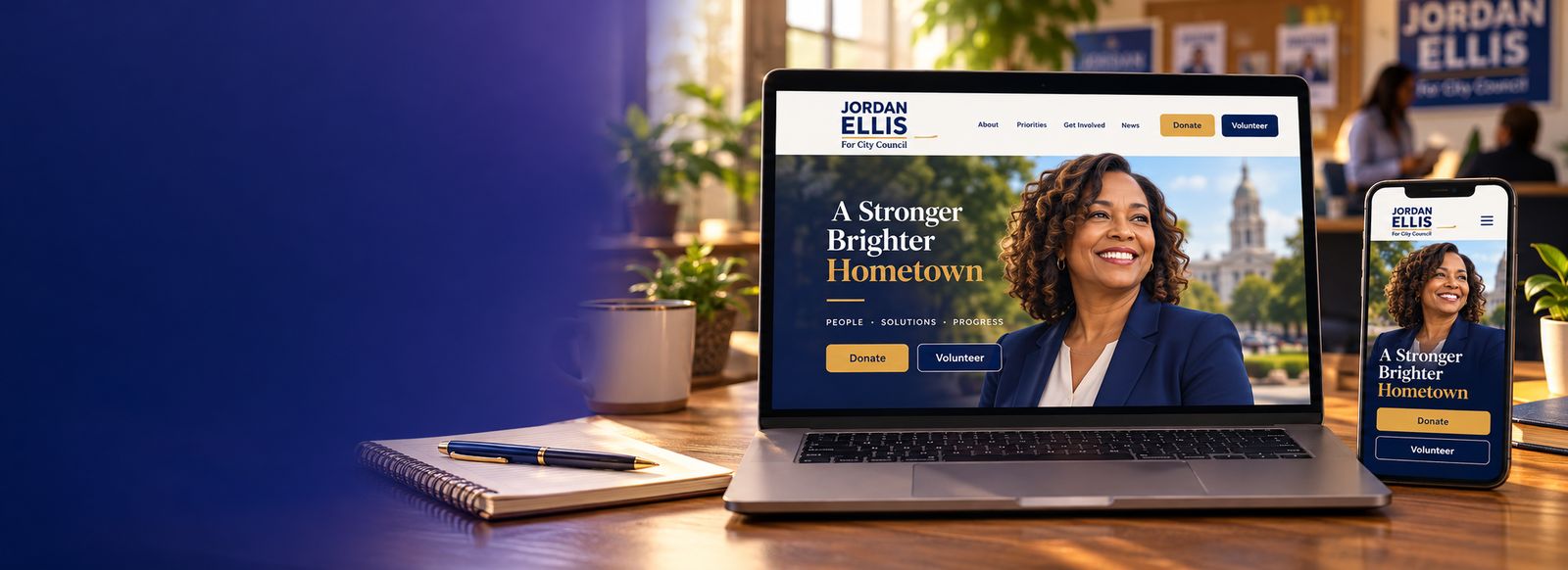 A sample campaign website for a city council candidate shown on a laptop and a phone
