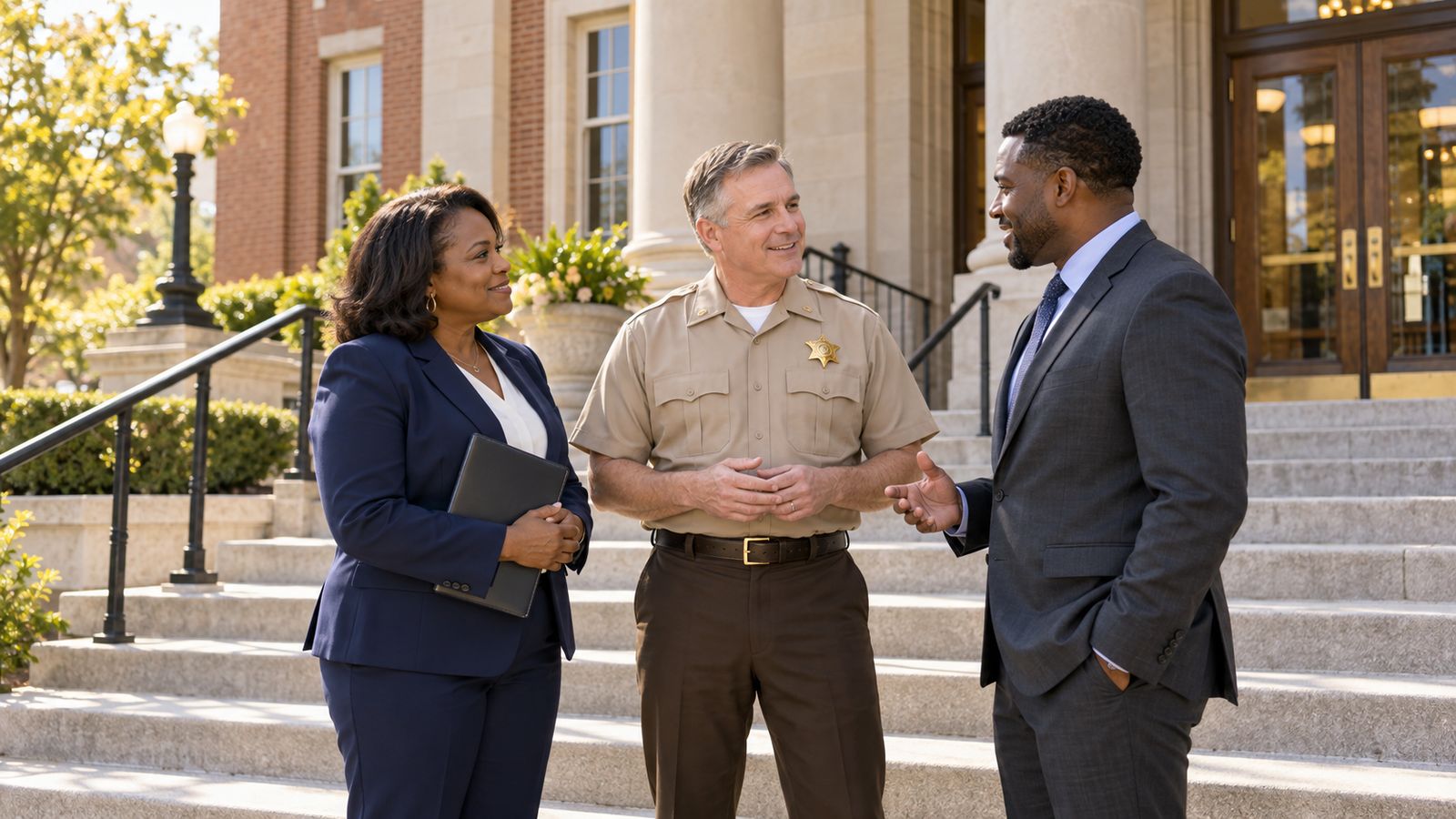 Two candidates for county office talking with a sheriff's officer on the county courthouse steps
