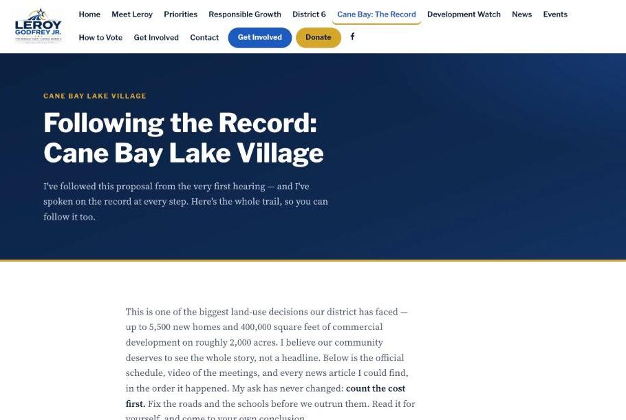 The Cane Bay Lake Village record page on GodfreyForDistrict6.com, following a rezoning from first hearing to final vote