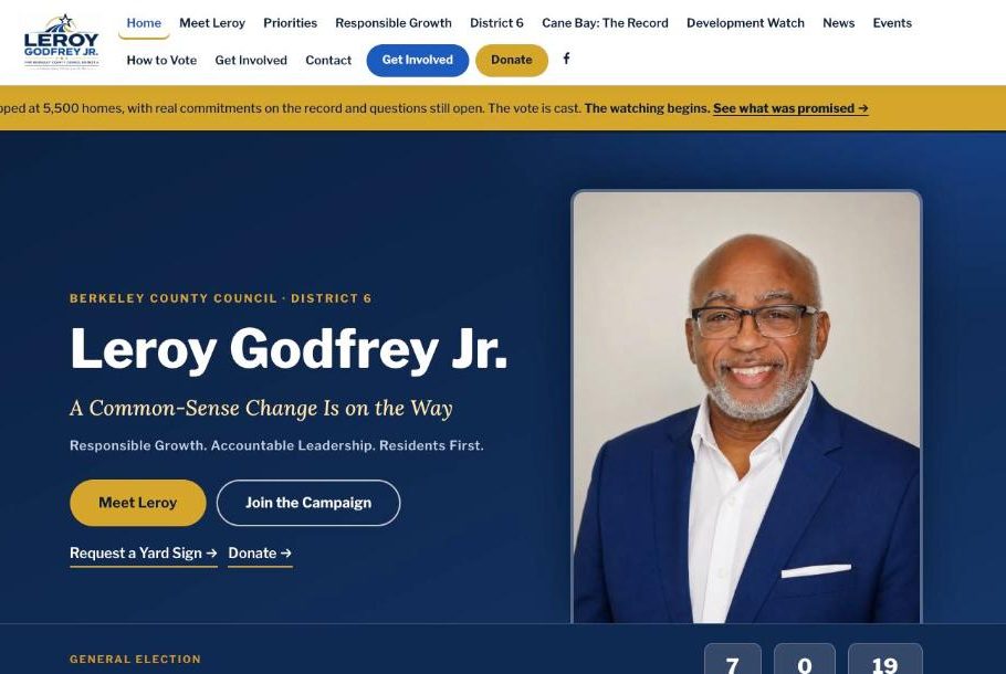 Homepage of GodfreyForDistrict6.com with the candidate's photo, name and donate and volunteer buttons