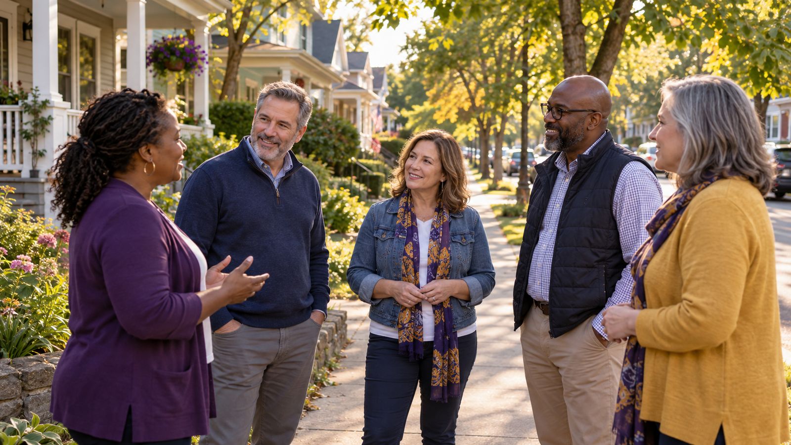 Neighbors talking with a local candidate on a tree-lined residential street