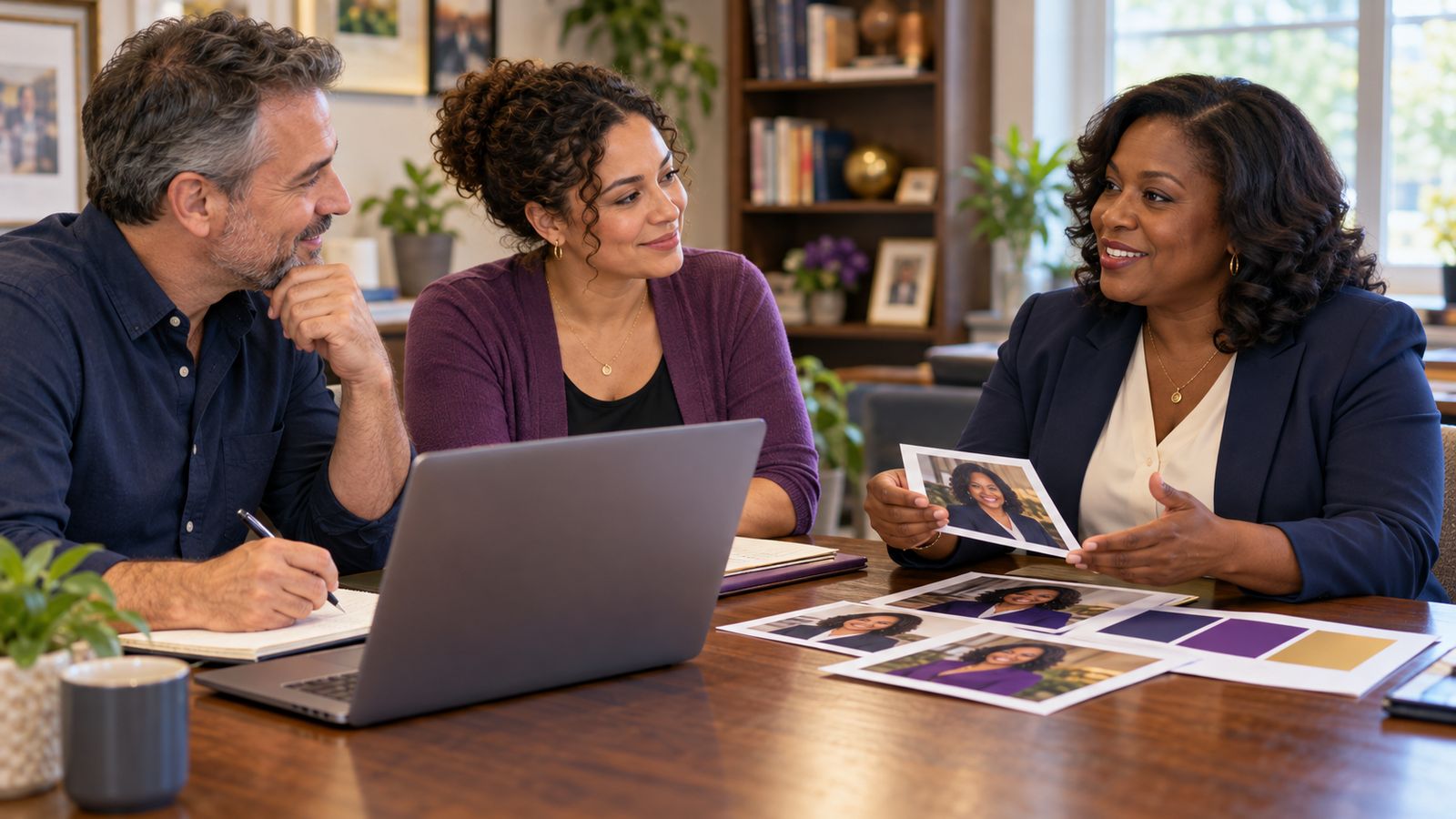 A candidate sharing her photos and ideas with the website team during a planning meeting