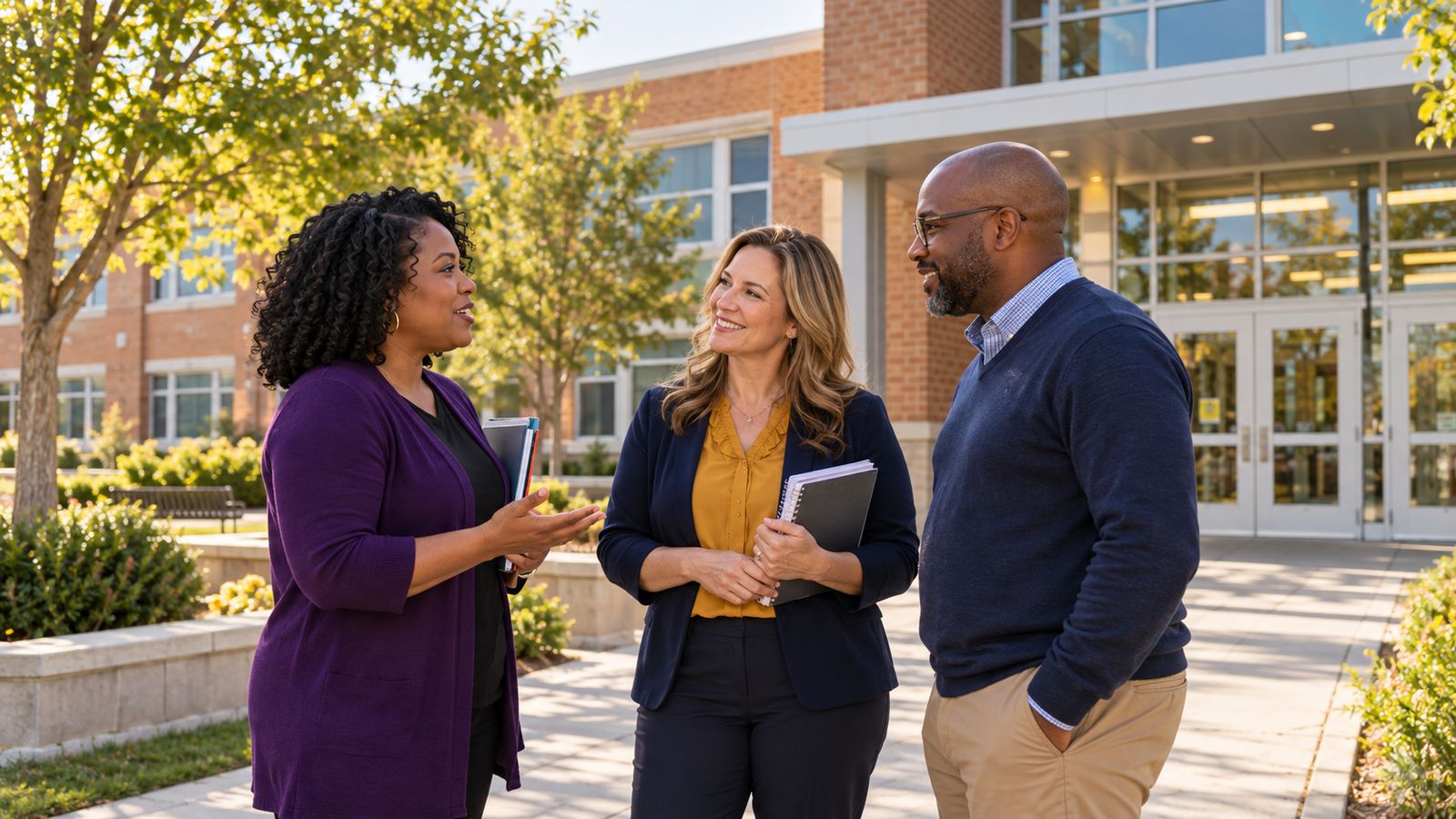 A candidate talking with a teacher and a parent outside a school