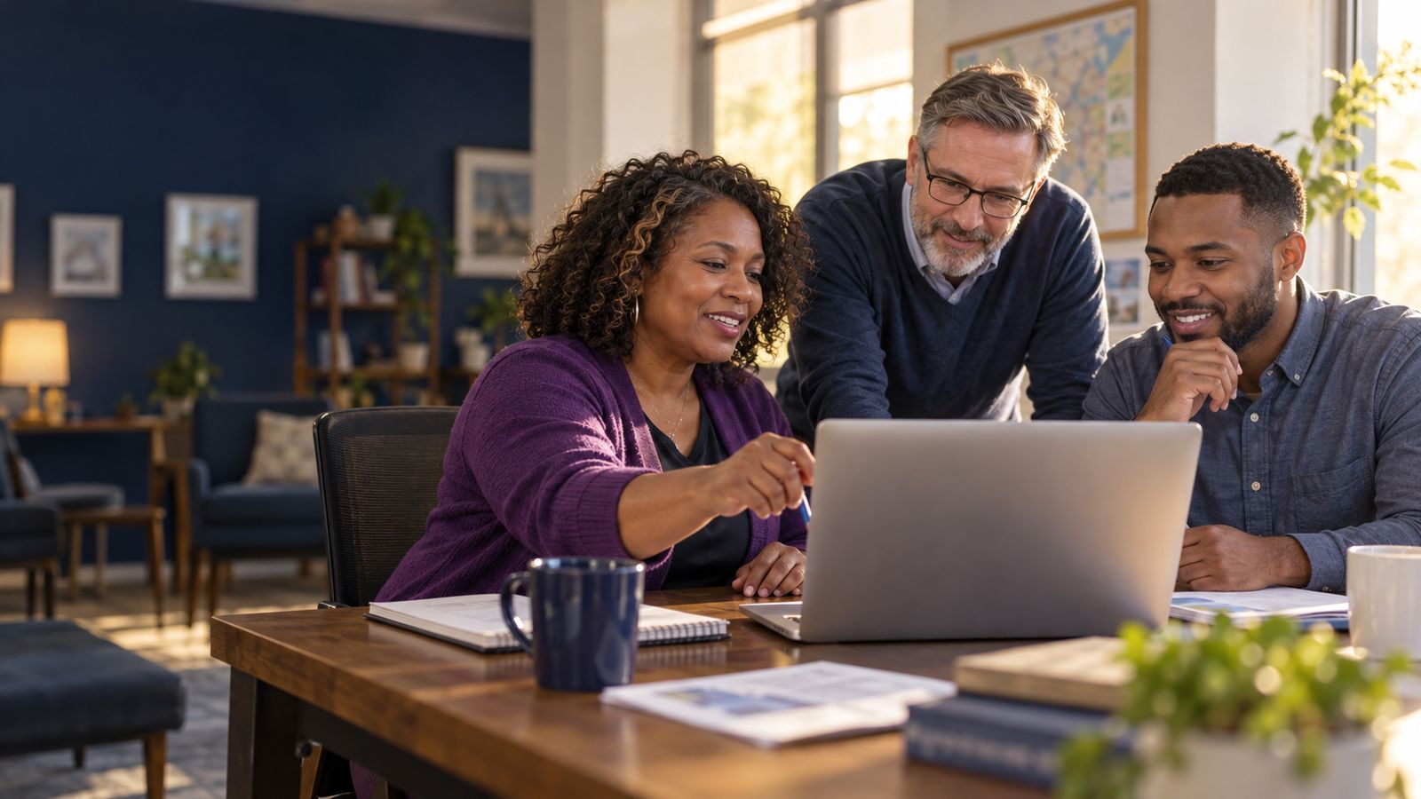 A local campaign team reviewing a website plan together on a laptop