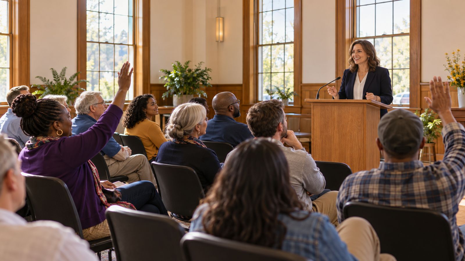A candidate at a podium taking questions from residents at a town hall meeting