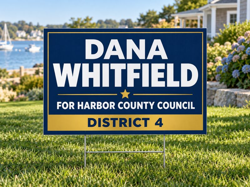 A Dana Whitfield for Harbor County Council District 4 yard sign on a front lawn